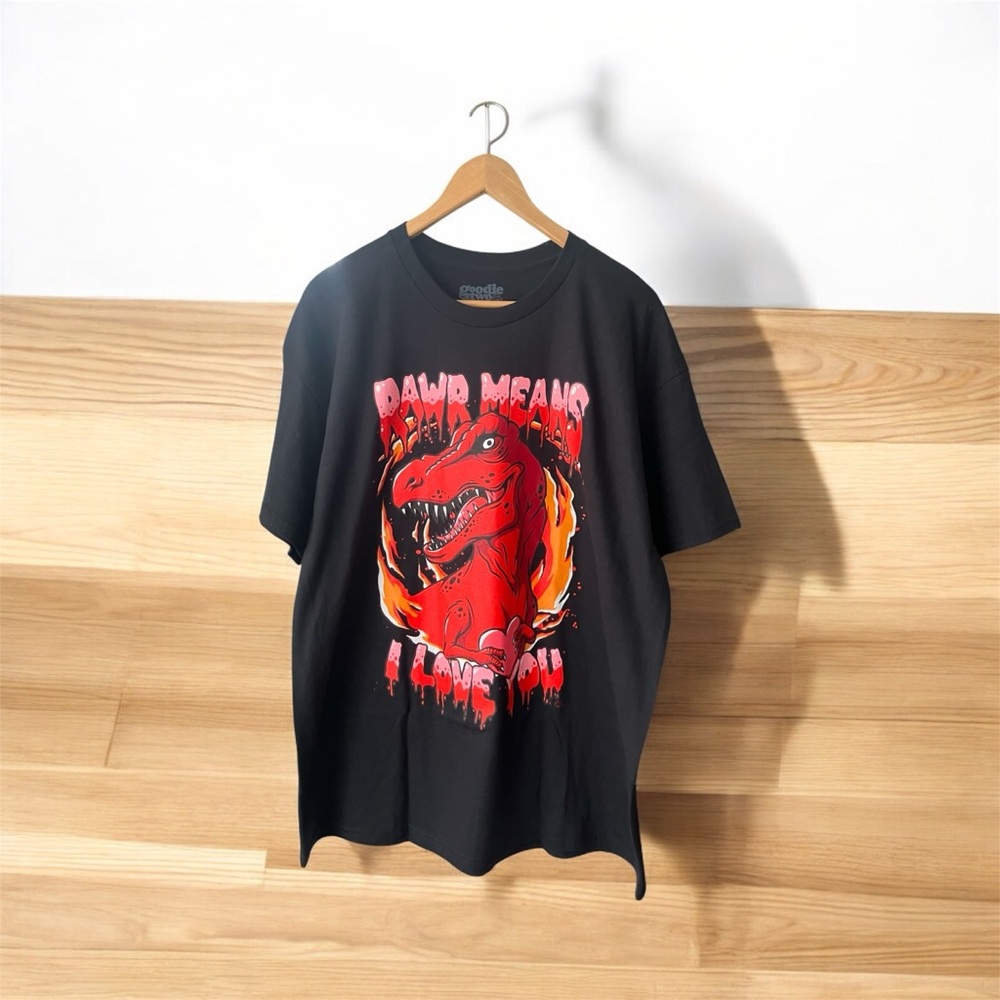 NEW Spencer's Unisex RAWR MEANS I LOVE YOU Graphic Tee Dinosaur Size XL Heart